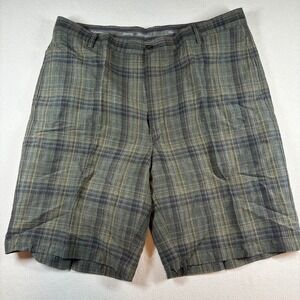 Tommy Bahama Mens Plaid Flat Front Shorts 40 Olive Linen/Silk Preppy Resort Wear